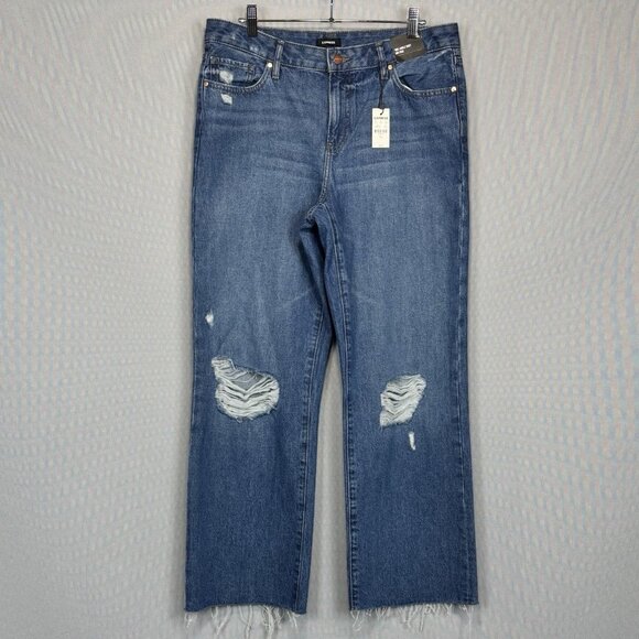 Express Jeans Womens 10L Blue 90s Ankle Boot Mid Rise Raw Hem Distressed Denim - Picture 1 of 10